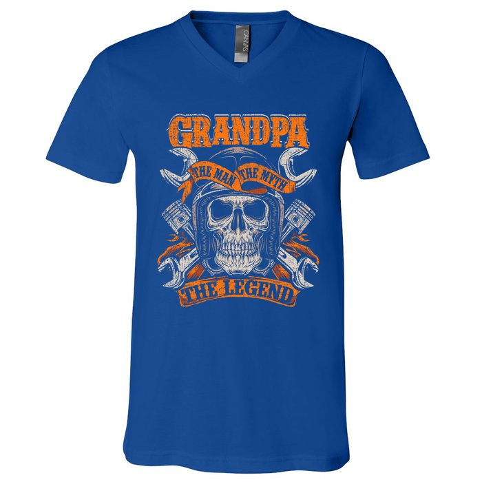 Biker Grandpa The Myth Legend Grunge Motorcycle Meaningful Gift V-Neck T-Shirt