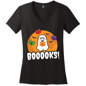 Booooks Ghost T Boo Read Books Library Gift Funny Women's V-Neck T-Shirt