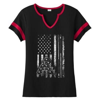 Billiard Game Usa American Flag Pool Player Sports Lover Ladies Halftime Notch Neck Tee