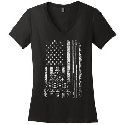 Billiard Game Usa American Flag Pool Player Sports Lover Women's V-Neck T-Shirt