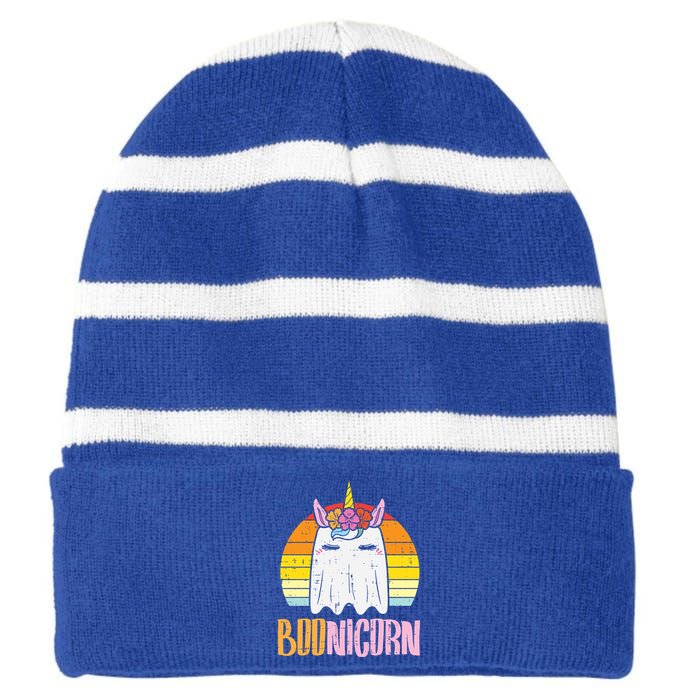 Boonicorn Ghost Unicorn Boo Retro Halloween Gift Striped Beanie with Solid Band