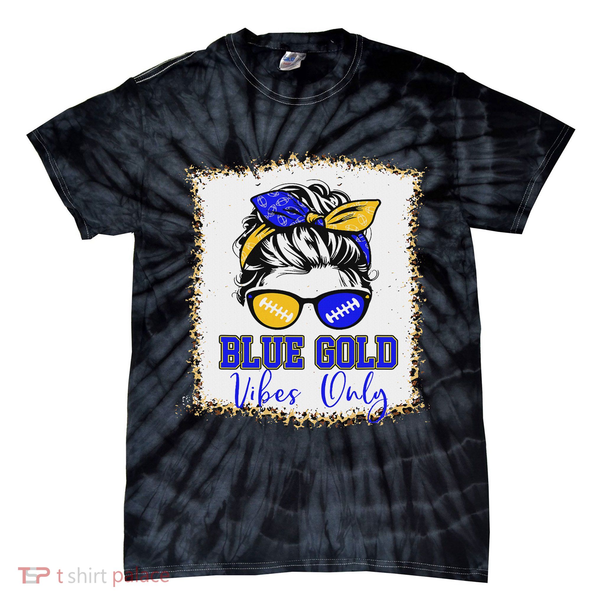 Blue Gold Vibes Only Football Women Leopard Football Tie-Dye T-Shirt