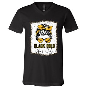 Black Gold Vibes Only Football Women Leopard Football V-Neck T-Shirt