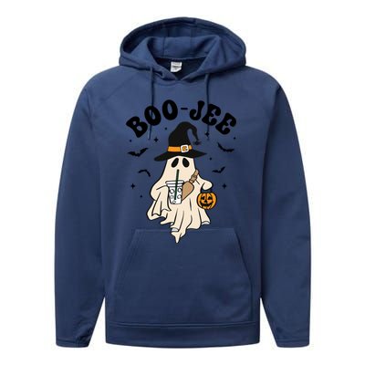 Boojee Ghost With Coffee In Witch Hat Halloween Ghost Boo Gift Performance Fleece Hoodie