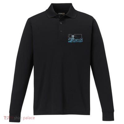 Blue Great Wave Off Kanagawa Performance Long Sleeve Polo
