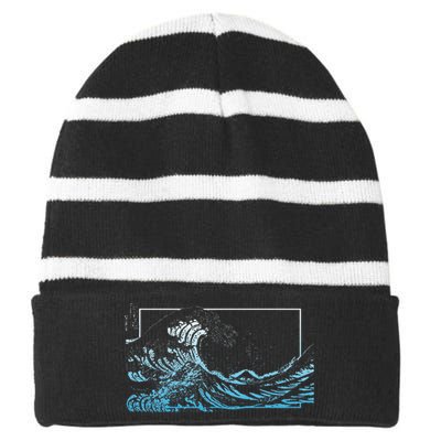 Blue Great Wave Off Kanagawa Striped Beanie with Solid Band