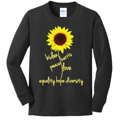 Biden Harris 2024 Peace Love Equality Hope Diversity Flower Kids Long Sleeve Shirt