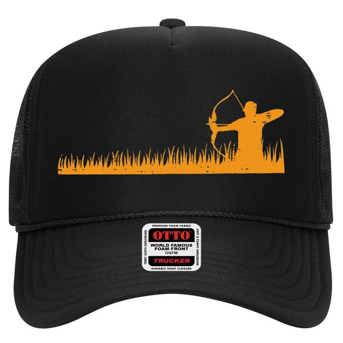 Bow Hunting Archer In Grass Archery Hunter High Crown Mesh Back Trucker Hat