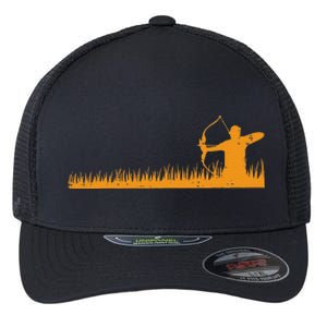 Bow Hunting Archer In Grass Archery Hunter Flexfit Unipanel Trucker Cap