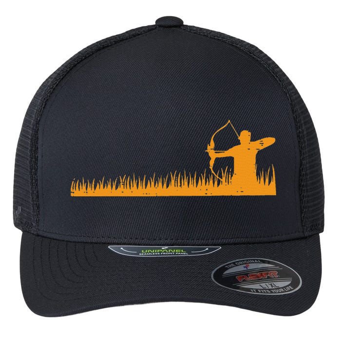 Bow Hunting Archer In Grass Archery Hunter Flexfit Unipanel Trucker Cap