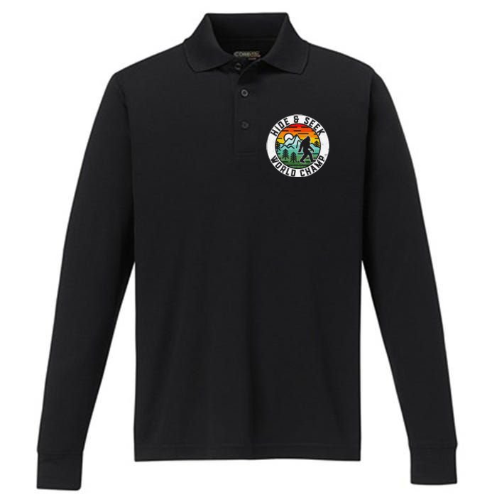 Bigfoot Hide And Seek World Champ Sasquatch Silhouette Performance Long Sleeve Polo