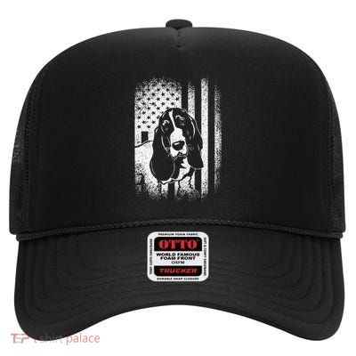 Basset Hound American Flag Dog Dad Dog Mom Lover High Crown Mesh Back Trucker Hat