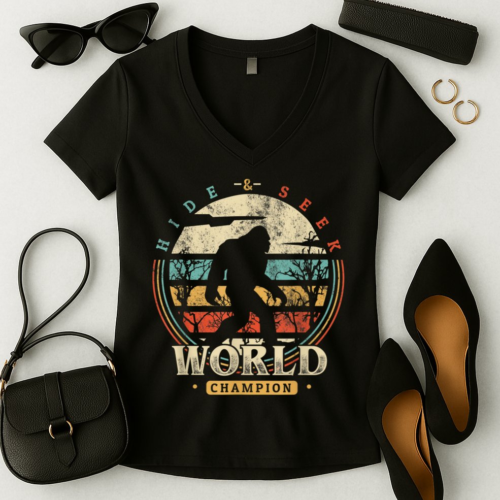 Bigfoot Hide And Seek Champion Sasquatch Camping Tees Women's V-Neck T-Shirt