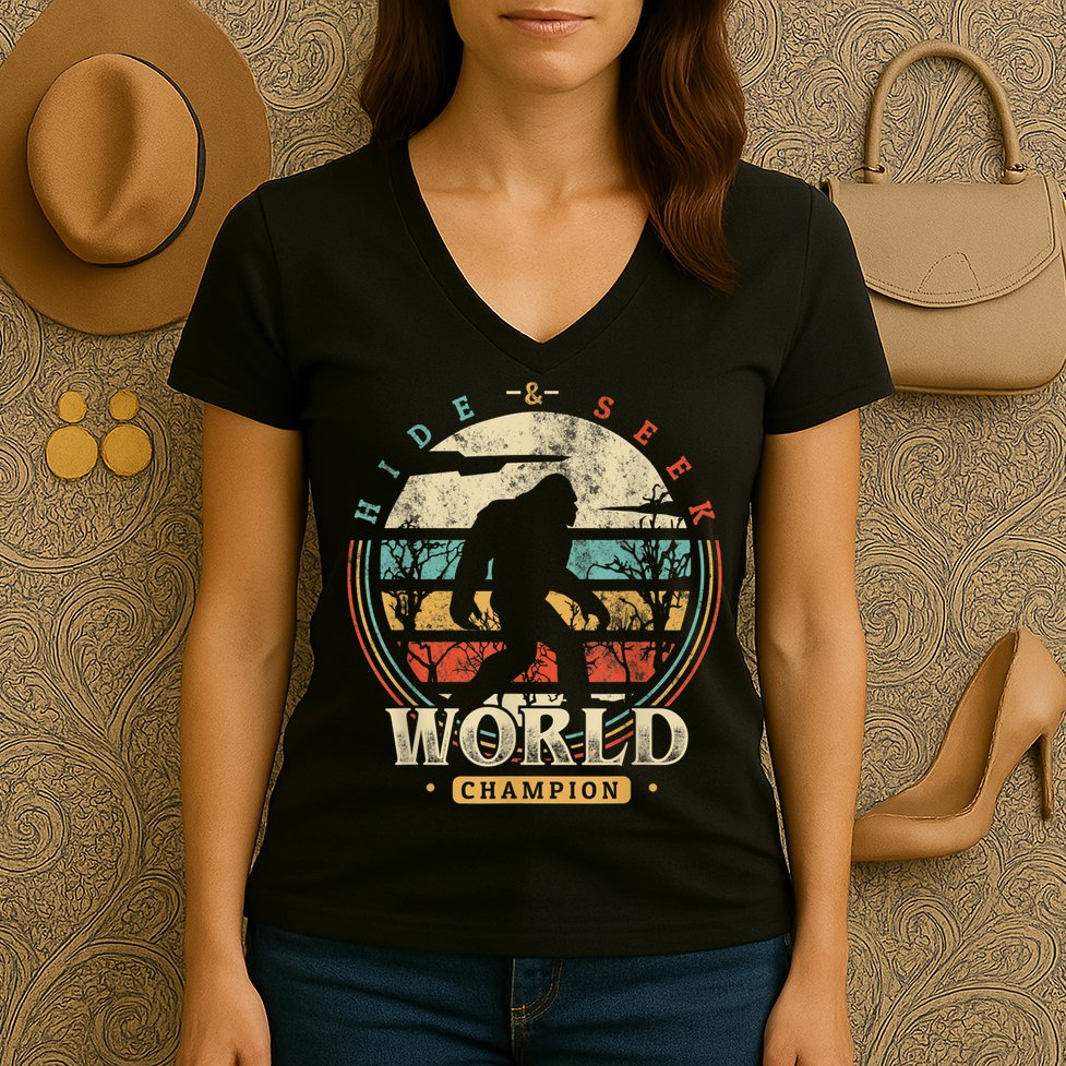 Bigfoot Hide And Seek Champion Sasquatch Camping Tees Women's V-Neck T-Shirt