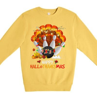 Bowling Halloween And Merry Christmas Happy Hallothanksmas Premium Crewneck Sweatshirt