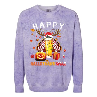 Beer Halloween And Merry Christmas Happy Hallothanksmas Colorblast Crewneck Sweatshirt