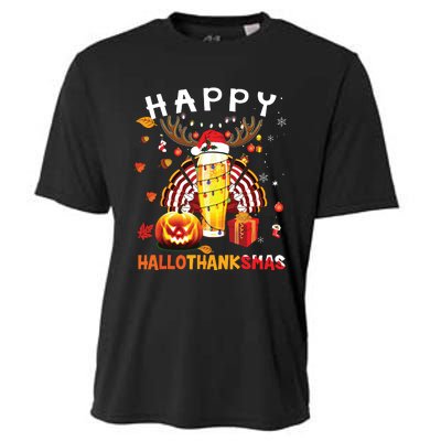 Beer Halloween And Merry Christmas Happy Hallothanksmas Cooling Performance Crew T-Shirt