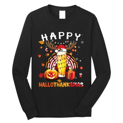 Beer Halloween And Merry Christmas Happy Hallothanksmas Long Sleeve Shirt