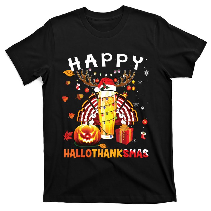 Beer Halloween And Merry Christmas Happy Hallothanksmas T-Shirt