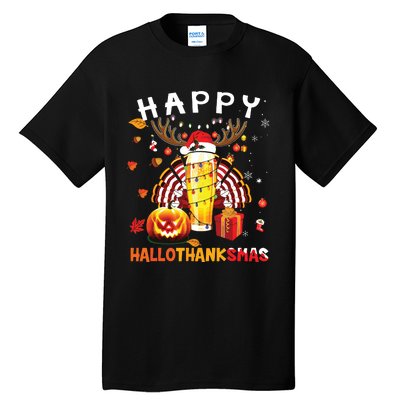 Beer Halloween And Merry Christmas Happy Hallothanksmas Tall T-Shirt