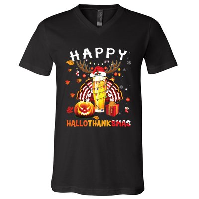 Beer Halloween And Merry Christmas Happy Hallothanksmas V-Neck T-Shirt