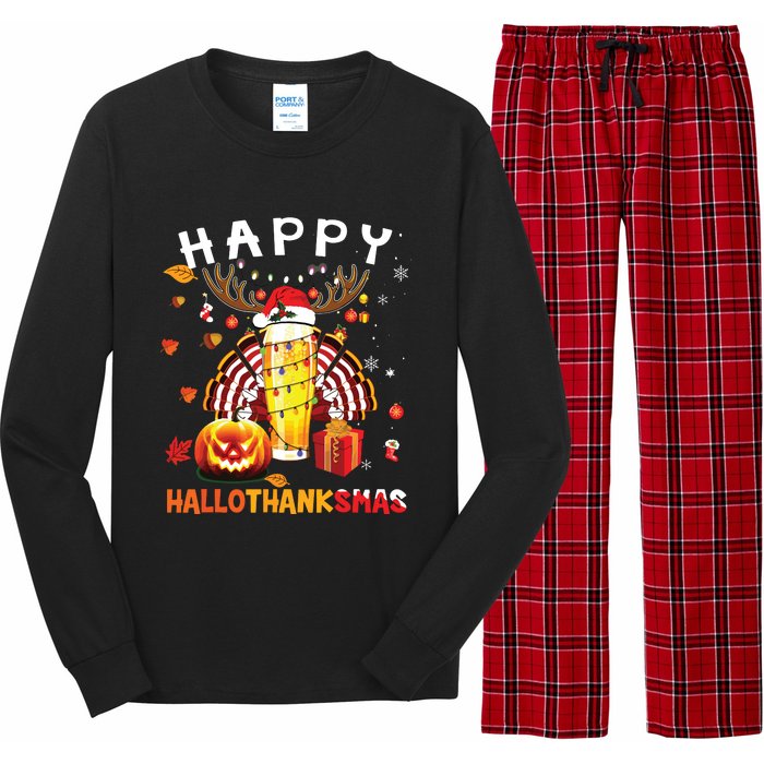 Beer Halloween And Merry Christmas Happy Hallothanksmas Long Sleeve Pajama Set