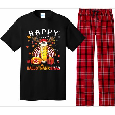 Beer Halloween And Merry Christmas Happy Hallothanksmas Pajama Set