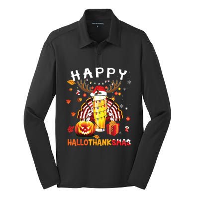 Beer Halloween And Merry Christmas Happy Hallothanksmas Silk Touch Performance Long Sleeve Polo