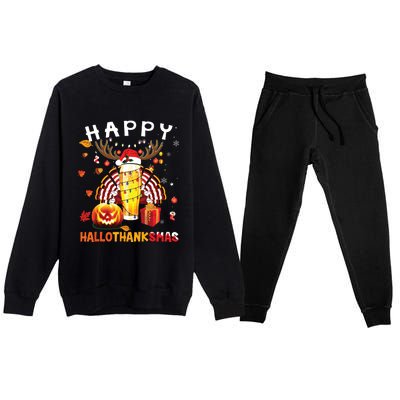 Beer Halloween And Merry Christmas Happy Hallothanksmas Premium Crewneck Sweatsuit Set