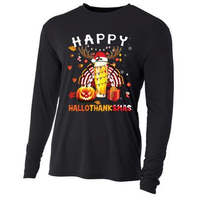 Beer Halloween And Merry Christmas Happy Hallothanksmas Cooling Performance Long Sleeve Crew