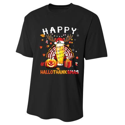 Beer Halloween And Merry Christmas Happy Hallothanksmas Performance Sprint T-Shirt