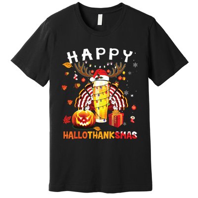 Beer Halloween And Merry Christmas Happy Hallothanksmas Premium T-Shirt