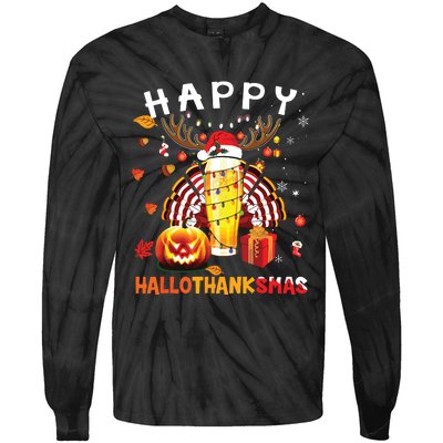 Beer Halloween And Merry Christmas Happy Hallothanksmas Tie-Dye Long Sleeve Shirt