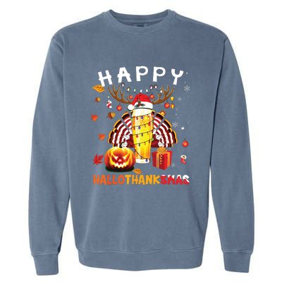 Beer Halloween And Merry Christmas Happy Hallothanksmas Garment-Dyed Sweatshirt