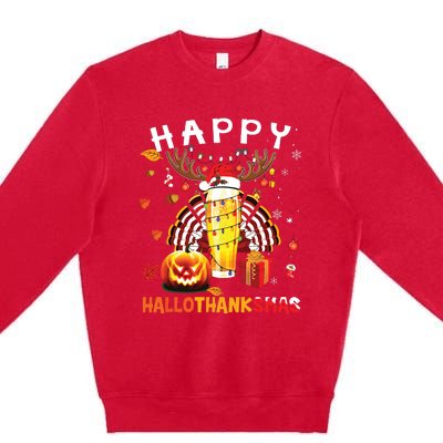 Beer Halloween And Merry Christmas Happy Hallothanksmas Premium Crewneck Sweatshirt