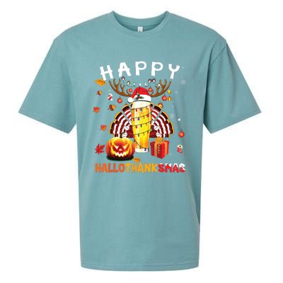 Beer Halloween And Merry Christmas Happy Hallothanksmas Sueded Cloud Jersey T-Shirt