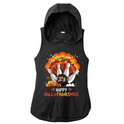 Bowling Halloween And Merry Christmas Happy Hallothanksmas Ladies PosiCharge Tri-Blend Wicking Draft Hoodie Tank