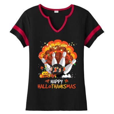 Bowling Halloween And Merry Christmas Happy Hallothanksmas Ladies Halftime Notch Neck Tee