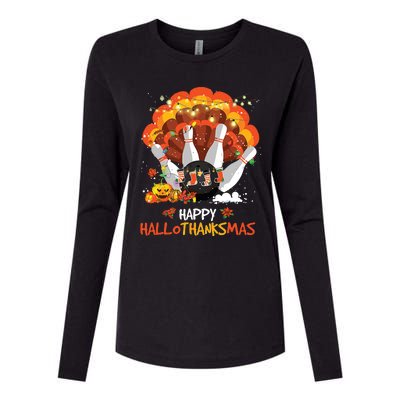 Bowling Halloween And Merry Christmas Happy Hallothanksmas Womens Cotton Relaxed Long Sleeve T-Shirt