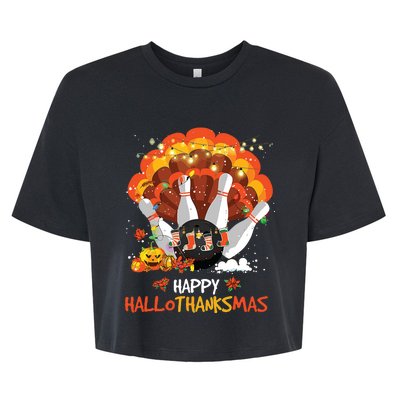 Bowling Halloween And Merry Christmas Happy Hallothanksmas Bella+Canvas Jersey Crop Tee