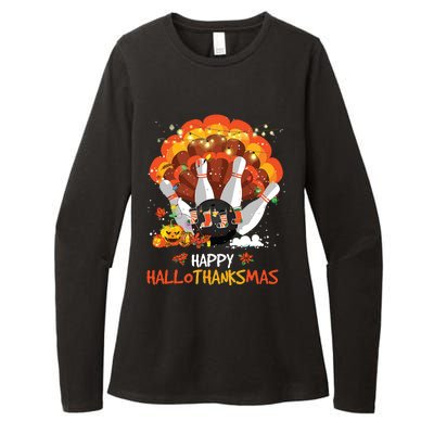 Bowling Halloween And Merry Christmas Happy Hallothanksmas Womens CVC Long Sleeve Shirt