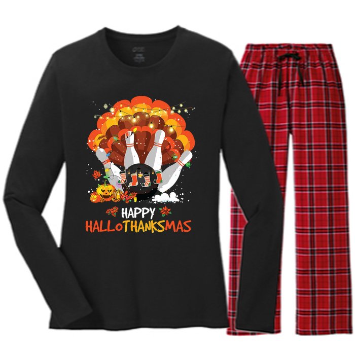 Bowling Halloween And Merry Christmas Happy Hallothanksmas Women's Long Sleeve Flannel Pajama Set 