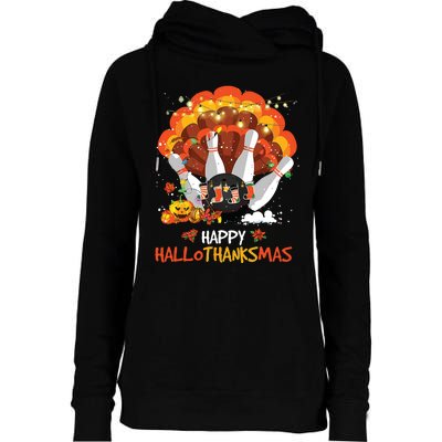 Bowling Halloween And Merry Christmas Happy Hallothanksmas Womens Funnel Neck Pullover Hood