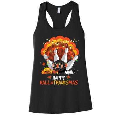 Bowling Halloween And Merry Christmas Happy Hallothanksmas Women's Racerback Tank