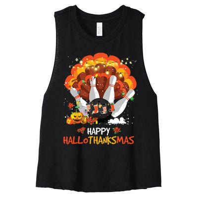 Bowling Halloween And Merry Christmas Happy Hallothanksmas Women's Racerback Cropped Tank