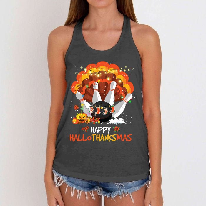 Bowling Halloween And Merry Christmas Happy Hallothanksmas Women's Knotted Racerback Tank