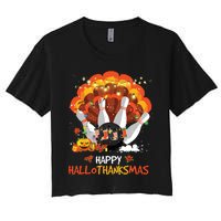 Bowling Halloween And Merry Christmas Happy Hallothanksmas Women's Crop Top Tee