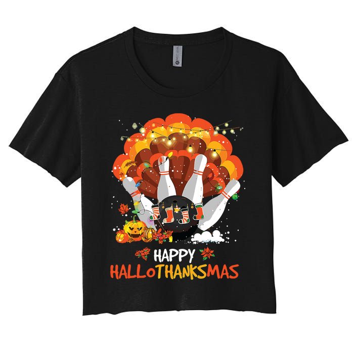 Bowling Halloween And Merry Christmas Happy Hallothanksmas Women's Crop Top Tee