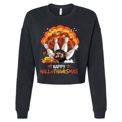 Bowling Halloween And Merry Christmas Happy Hallothanksmas Cropped Pullover Crew