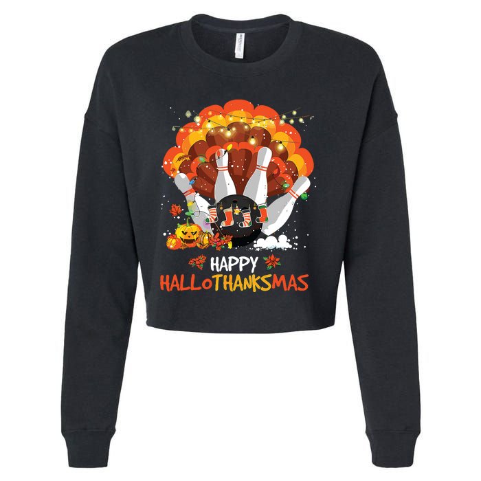 Bowling Halloween And Merry Christmas Happy Hallothanksmas Cropped Pullover Crew